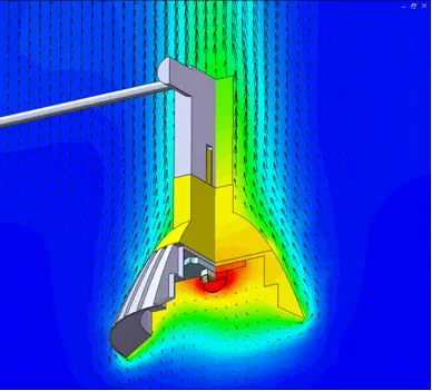 Temperatures on a 2-D slice through the center of the lamp with vectors showing flow caused by natural convection over the outside of the lamp.