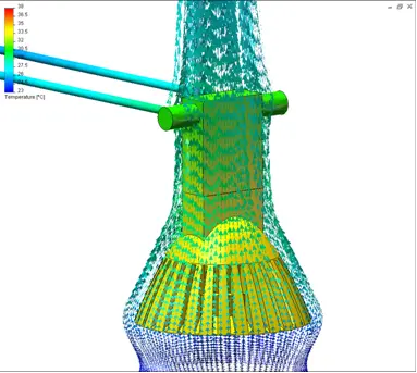 Particle tracks over the lamp, mounted horizontally facing downwards, showing how the natural convection causes the air to flow smoothly over the exterior of the lamp housing. The thermal plume contracts as the flow accelerates above the lamp. Note that conduction through the connector and arms contribute to the cooing of the device